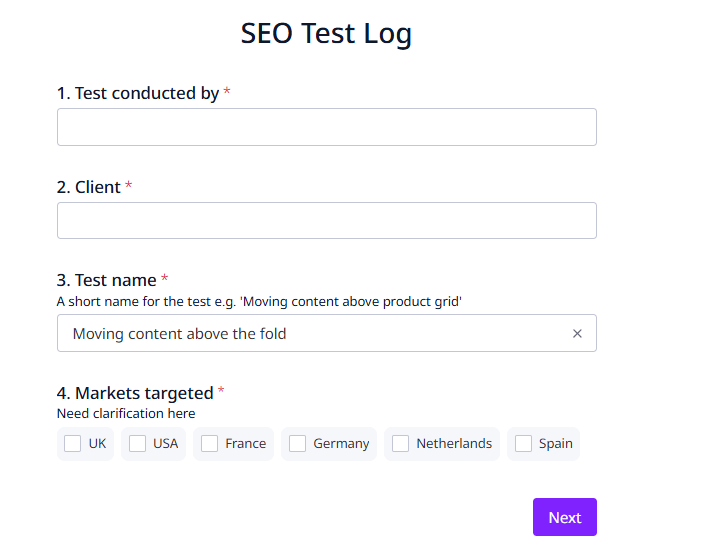 SEO test log form on the Results tab