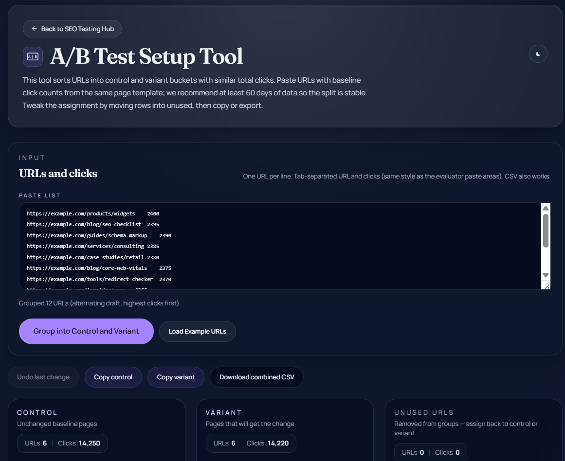 A/B Test Setup Tool: Create Test and URL groups